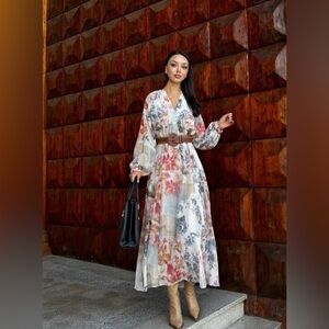 ZARA FLORAL BELTED MIDI DRESS XS SHEER LONG SLEEVE LINED